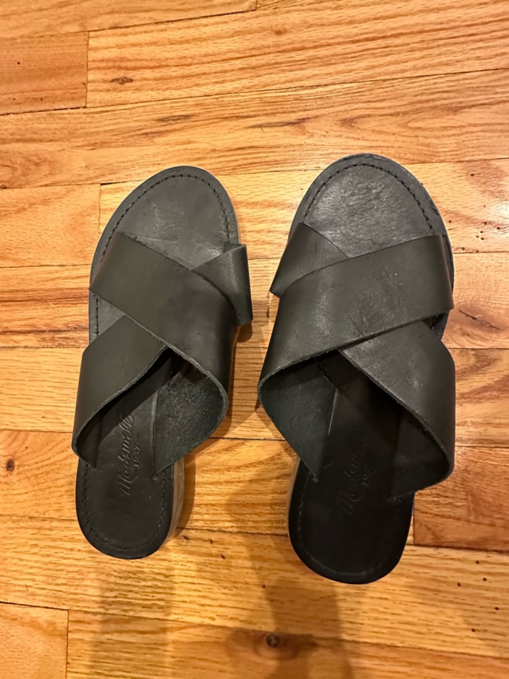 Women’s Black Leather Cross-Strap Slide Sandals